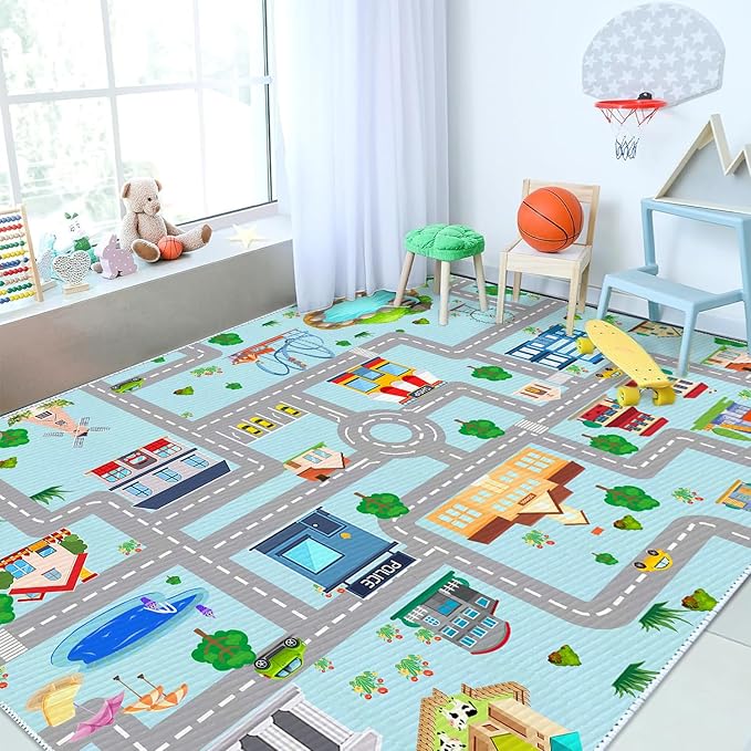 Kids Car Rug, 5' 3" x8' City Life Traffic Road Playmat for Toy Cars Trains, Non-Slip Race Track Carpet Educational Fun Area Rugs for Boy and Girl Bedroom Nursery - LeafyLoom