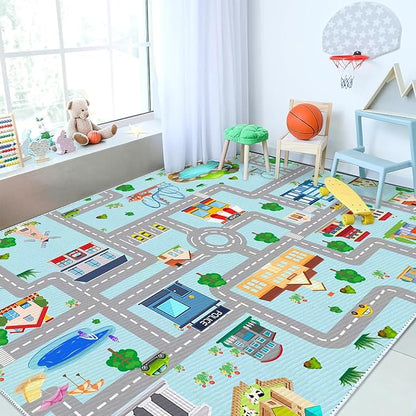 Kids Car Rug, 5' 3" x8' City Life Traffic Road Playmat for Toy Cars Trains, Non-Slip Race Track Carpet Educational Fun Area Rugs for Boy and Girl Bedroom Nursery - LeafyLoom