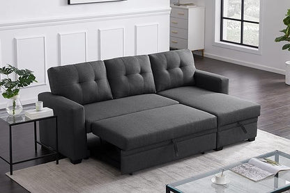 RITSU Reversible Storage Sectional Sofa, Linen Tufted Cushion Chaise Lounge, Multifunctional Seat with Pull Out Bed, Living Room Triple Couch, Grey, 82 inch, Dark Gray - LeafyLoom