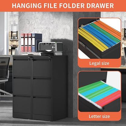 3 Drawer File Cabinet,Metal Filing Cabinets for Home Office, Black Vertical File Cabinet with Lock,Heavy Duty Metal Storage Cabinet for A4/Letter/Legal Size Files,Assembly Required - LeafyLoom