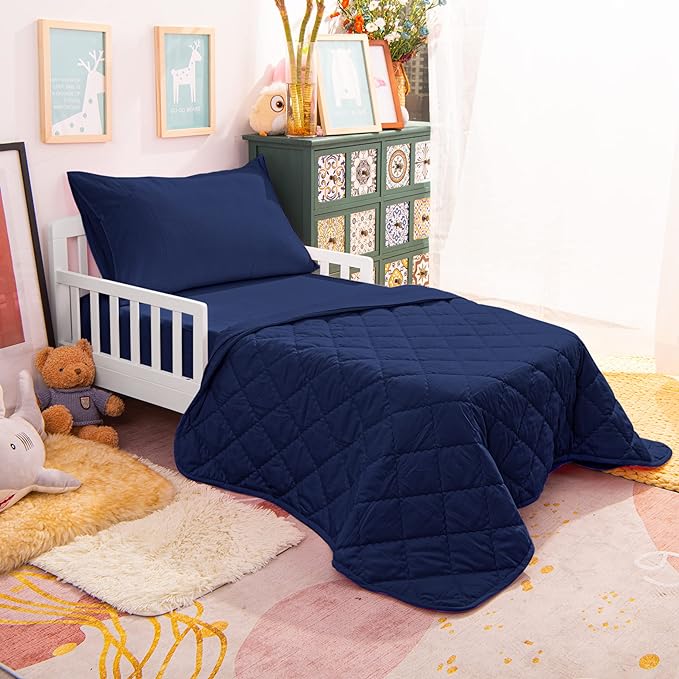 NTBAY Toddler Bedding Set - 4 Piece Soft and Breathable Crib Bedding Set for Boys and Girls, Includes Quilted Comforter, Fitted Sheet, Flat Top Sheet and Envelope Pillowcase, Navy Blue - LeafyLoom