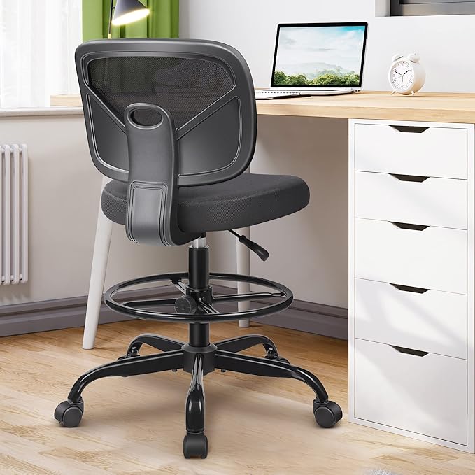 Primy Office Drafting Chair Armless, Tall Office Desk Chair Adjustable Height and Footring, Mid-back Ergonomic Standing Desk Chair Mesh Rolling Tall Chair for Art Room, Office or Home(Black) - LeafyLoom