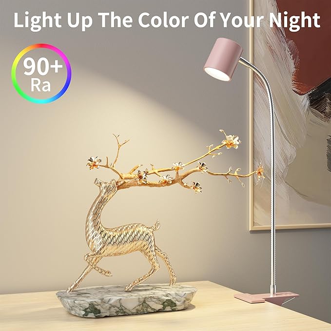 Dott Arts Desk Lamp,USB Clip On Light with 3 Color Modes,LED 10 Levels Brightness Reading Lamp, 360°Gooseneck Book Light,Eye-Care Reading Light for Home Office,Headboards Pink - LeafyLoom