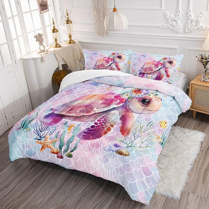 Axolotl Turtle Bedding Set Twin,Colorful Underwater World Comforter Set for Kids Boys Girls Teens,Ocean Comforter Set with Jellyfish,Kids Bedding Set Print Colorful Fish Scales,1 Quilt 2 Pillowcases - LeafyLoom