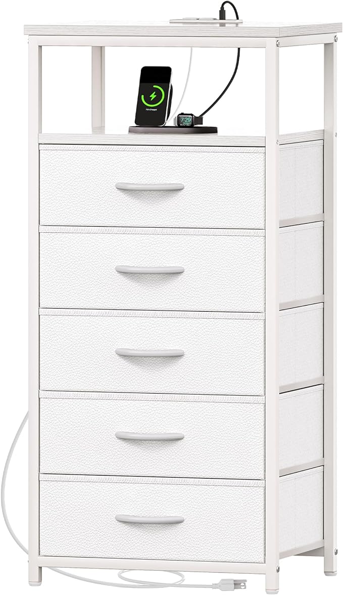 5 Drawers Dresser with Charging Station, Dresser for Bedroom, Tall Night Stand, Chest of Drawers with PU Leather Finish, Open Shelf, Bedside Table Nightstand, for Entryway, White - LeafyLoom