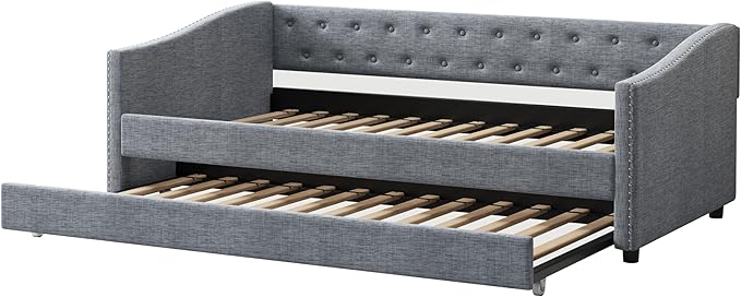 Twin Size Daybed with Trundle, Linen Upholstered Tufted Sofa Day Bed Frame with Button, Waved Shape Arms & Nailhead, Wooden Slats Support for Apartment,Bedroom, Light Grey - LeafyLoom