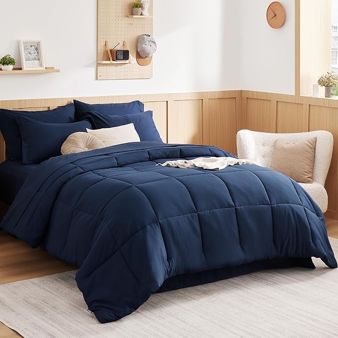 Bedsure Navy Twin Comforter Set - 5 Pieces Solid Twin Bed in a Bag, Twin Bed Set Navy with Quilted Warm Fluffy Comforters, Sheets, Pillowcase & Sham - LeafyLoom