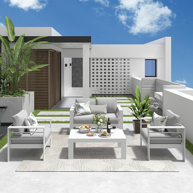 Solaste Outdoor Aluminum Furniture Set - 4 Pieces Patio Sectional Chat Sofa Conversation Set with Table,White - LeafyLoom