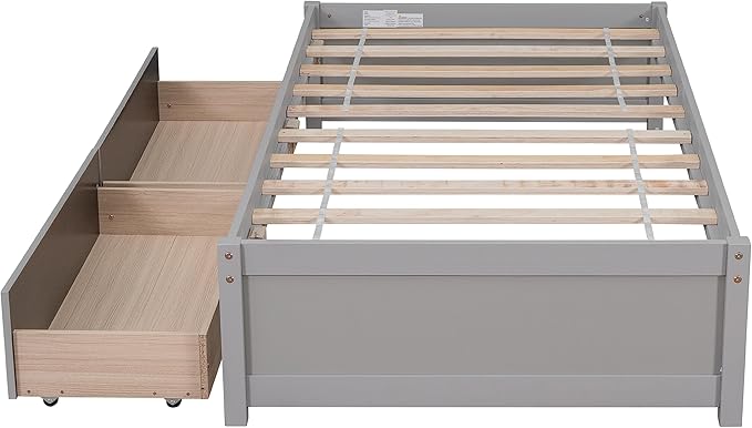 Twin Bed with 2 Storage Drawers, Solid Pinewood Twin Size Bed Frame,for Boys/Girls/Teens Bedroom, Easy to Assemble, No Box Spring Needed,Grey - LeafyLoom