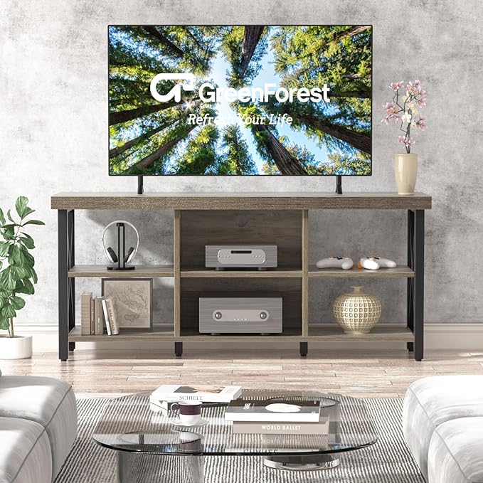 GreenForest TV Stand for TV up to 65 inches, Entertainment Center with 6 Storage Cabinet for Living Room, 55 inch Farmhouse Television Stands Console Table, Industrial TV stands for Living Room, Gray - LeafyLoom