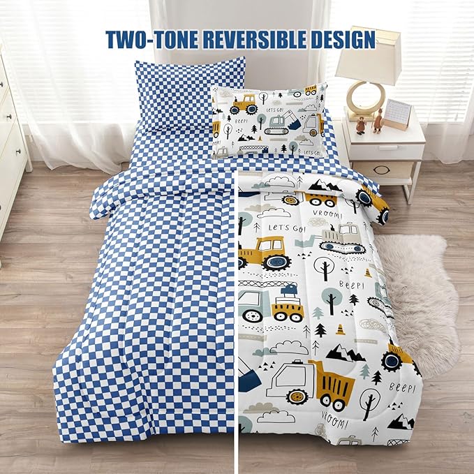 4-Pcs Construction Twin Size Boys Bedding Set, Kids Comforter Set for Teens w/Sheets and Pillowcase, Soft Cartoon Tractor Cars Bed in a Bag Sets - LeafyLoom