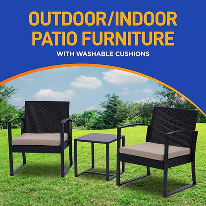 SereneLife Patio Outdoor Furniture, 3 Pcs. Per Set-includes 2 Single Chairs with Soft Cushion and 1 Glass-top Coffee Table, Black Weather-Resistant Resin Wicker Rattan, Brown - LeafyLoom