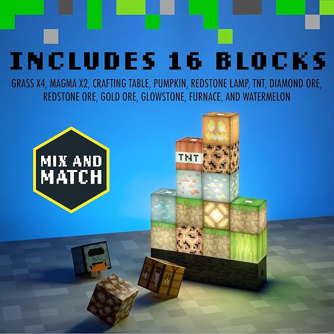 Paladone Minecraft Official Licensed Block Building Lamp 16 Customizable Light Up Blocks - Interactive Decoration, Toy, Nightlight for Kids, Gamer Room Decor, Gaming Gift for Boys and Girls - LeafyLoom