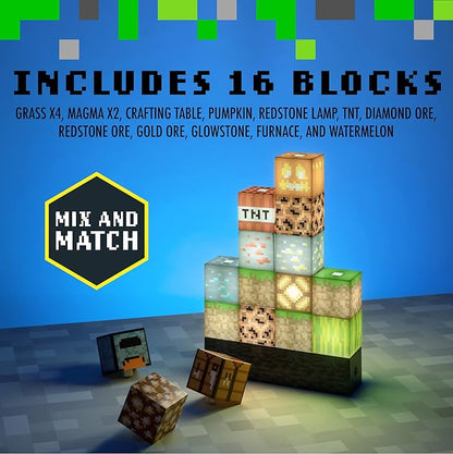 Paladone Minecraft Official Licensed Block Building Lamp 16 Customizable Light Up Blocks - Interactive Decoration, Toy, Nightlight for Kids, Gamer Room Decor, Gaming Gift for Boys and Girls - LeafyLoom