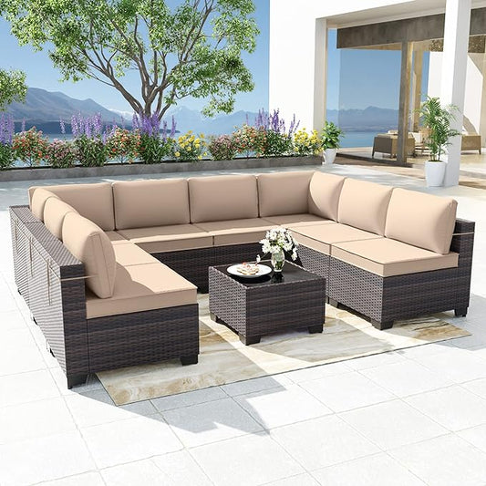 Patio Furniture Set 9PCS Outdoor Furniture for Backyard Wicker Sectional Sofa Set, Rattan Patio Conversation Set with Thickened Cushions and Glass Coffee Table, Sand - LeafyLoom