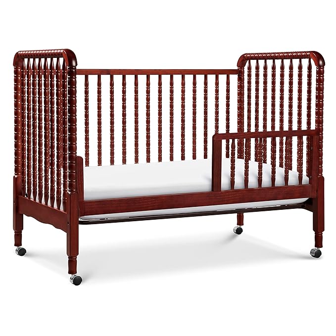 DaVinci Jenny Lind 3-in-1 Convertible Crib in Rich Cherry, Removable Wheels, Greenguard Gold Certified - LeafyLoom