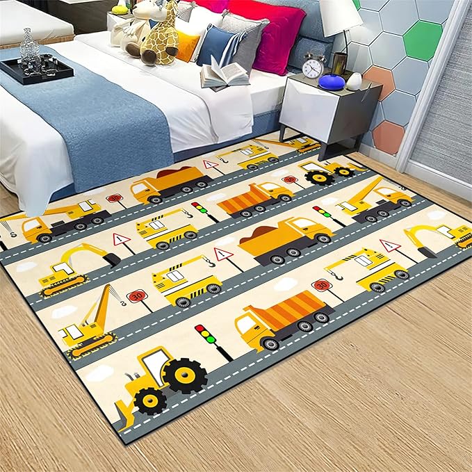 Construction Rug Car Rug Construction Rugs for Boys Room Cartoon Truck Area Rug Construction Play Mat Car Rug for Boys Room Construction Decor for Boys Room 4'5''×6' - LeafyLoom