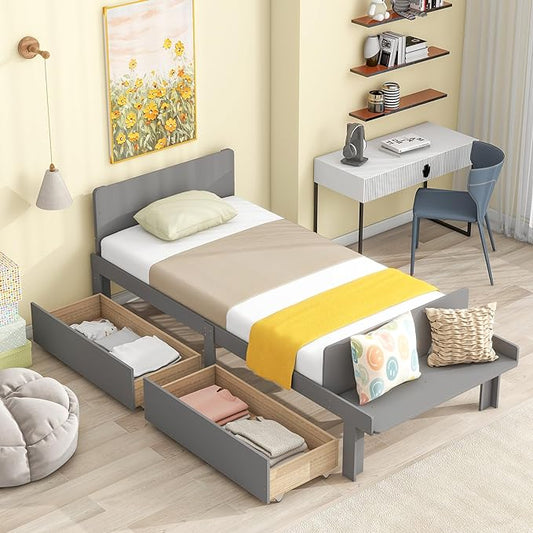 Twin Bed with 2 Drawers,Storage Platform Bed with Footboard Bench and Headboard,Pine Wood Twin Size Bed Frame High Stable for Kids,Boys,Girls,Teens, No Box Spring Needed,Grey - LeafyLoom