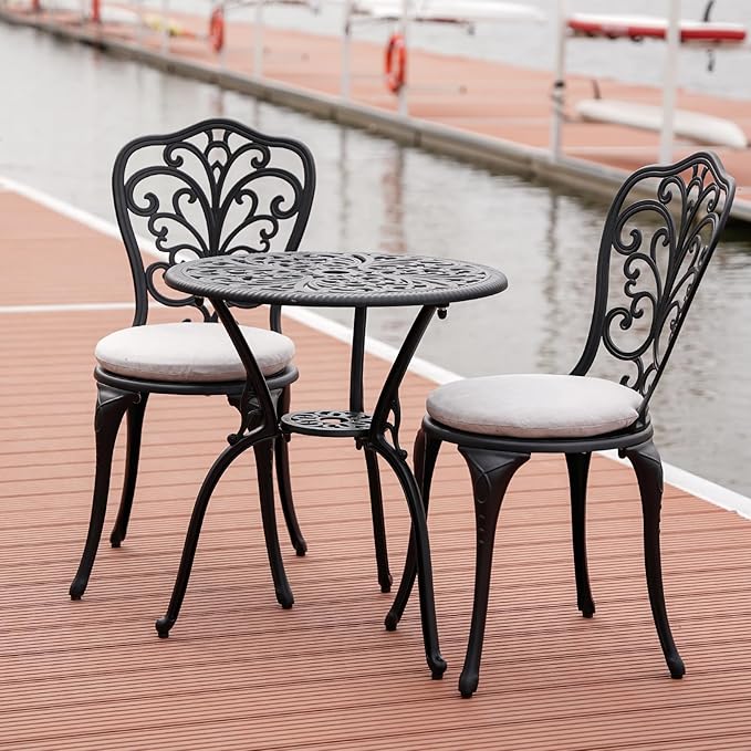 3 Piece Bistro Patio Set Cast Aluminum Bistro Table and Chairs Set of 2 with Cushion,Outdoor Bistro Table Set with Umbrella Hole,Metal Patio Furniture Set for Garden,Black - LeafyLoom