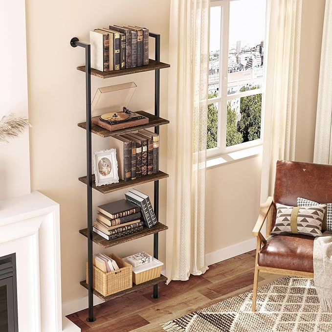 5-Tier Bookshelf Solid Wood Ladder Shelf, Narrow Book shelf Display Shelf, Wooden Ladder Shelf Bookcase, Wall Mount Ladder Shelf, Storage Rack for Living Room, Bedroom, Industrial Style, Dark Brown - LeafyLoom