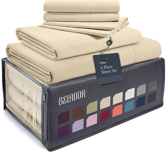 BELADOR Silky Soft Cali King Sheet Set -Luxury 6 Piece Bed Sheets for California King Size Bed, Secure-Fit Deep Pocket Sheets with Elastic, Breathable Hotel Sheets & Pillowcase Set, Wrinkle Free - LeafyLoom