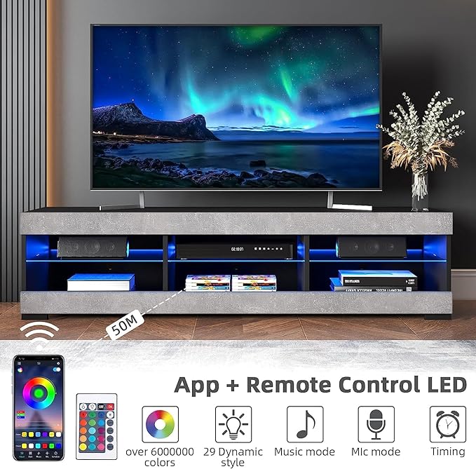 HOMMPA LED TV Stand for 65 inch TV Grey Black TV Stand with Led Lights Modern TV Entertainment Center with Glass Shelves TV Media Console for Living Room - LeafyLoom