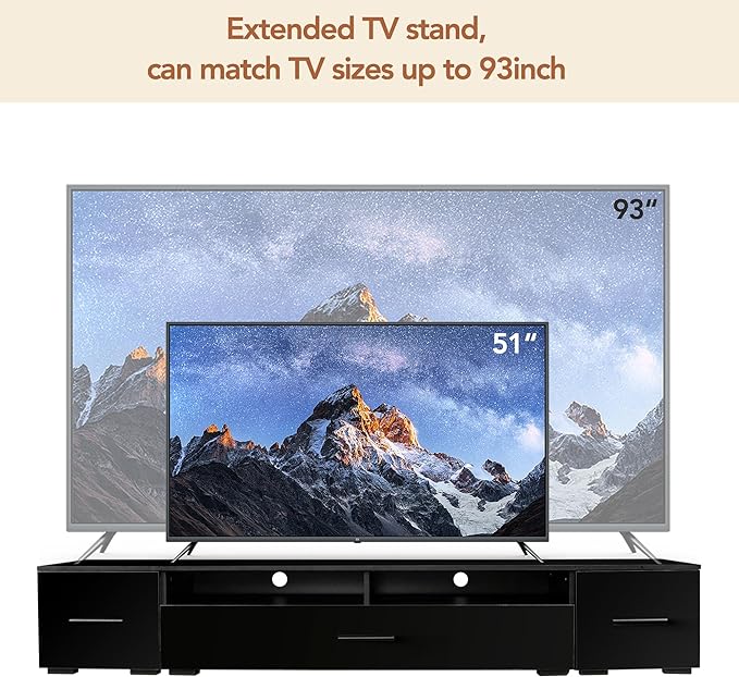 Merax Minimalist Style Extended LED TV Stand with Color Changing Lights, Modern Universal Entertainment Center High Gloss Cabinet for 90+ inch Televisions, 82.6 inch Length, Black - LeafyLoom