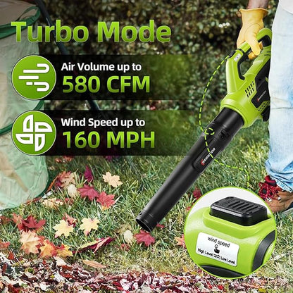 Leaf Blower Cordless, 580CFM/160MPH Electric Leaf Blower with 8.0Ah Battery, Blower with Extension Nozzle, Lightweight Leaf Blowers for Lawn Care, Yard, Garage, Patio & Sidewalk - LeafyLoom