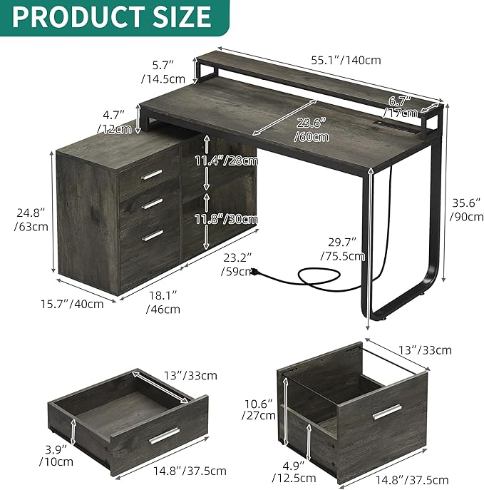 YITAHOME L Shaped Desk with Power Outlets & LED Lights & File Cabinet, 55" Corner Computer Desk with 3 Drawers and 2 Storage Shelves, Home Office Desk with Monitor Stand, Grey - LeafyLoom