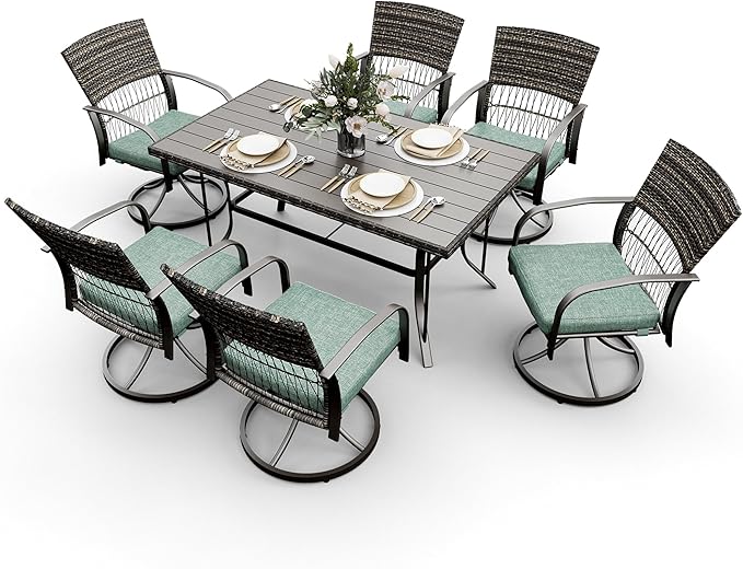 Pamapic 7 Piece Patio Dining Set for 6,Wicker Outdoor Furniture Set for Backyard Garden Deck Poolside with Iron Slats Table Top,6 Cushions Swivel Rocker Chairs,Removable Cushions(Green) - LeafyLoom