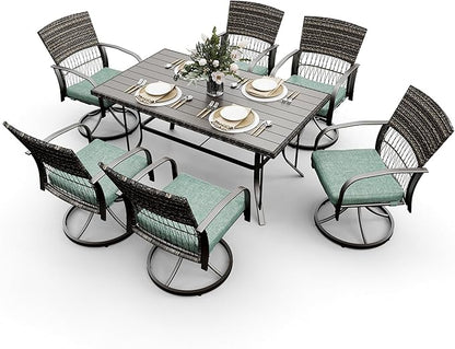 Pamapic 7 Piece Patio Dining Set for 6,Wicker Outdoor Furniture Set for Backyard Garden Deck Poolside with Iron Slats Table Top,6 Cushions Swivel Rocker Chairs,Removable Cushions(Green) - LeafyLoom