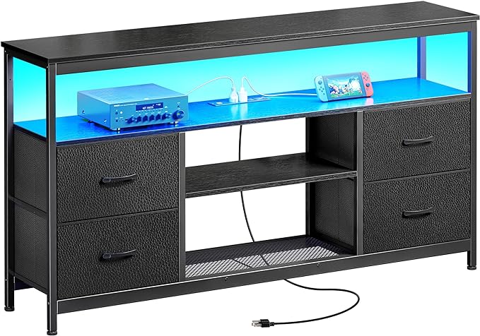 TV Stand Dresser with Power Outlets and LED Lights, 4 Drawers Entertainment Center with Shelf, 54 Inch Media Console for 55 60 Inch TV, 4 AC Outlets, 2 USBs, Dresser with PU Finish, Black - LeafyLoom