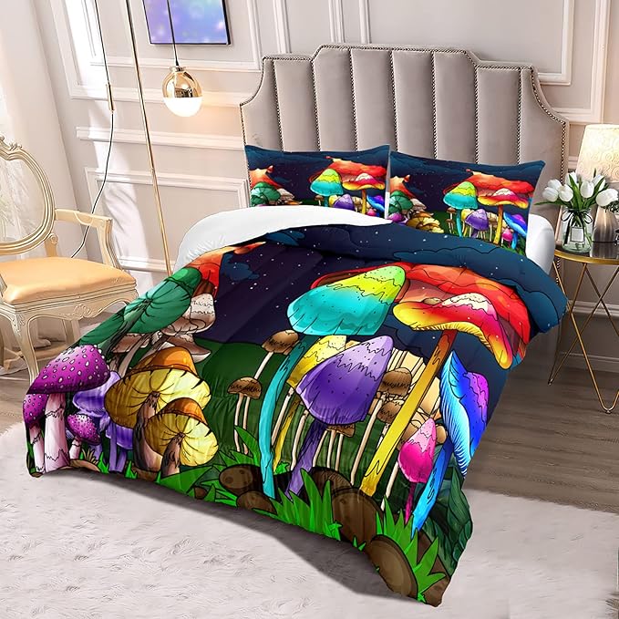 Girls Mushroom Comforter Set Queen Mushroom Bedding for Girls Mushroom Print Queen Size Bedding Set Cartoon Mushroom Pattern Kids Bedding Set, Colorful, 1 Comforter+2 Pillowcases - LeafyLoom