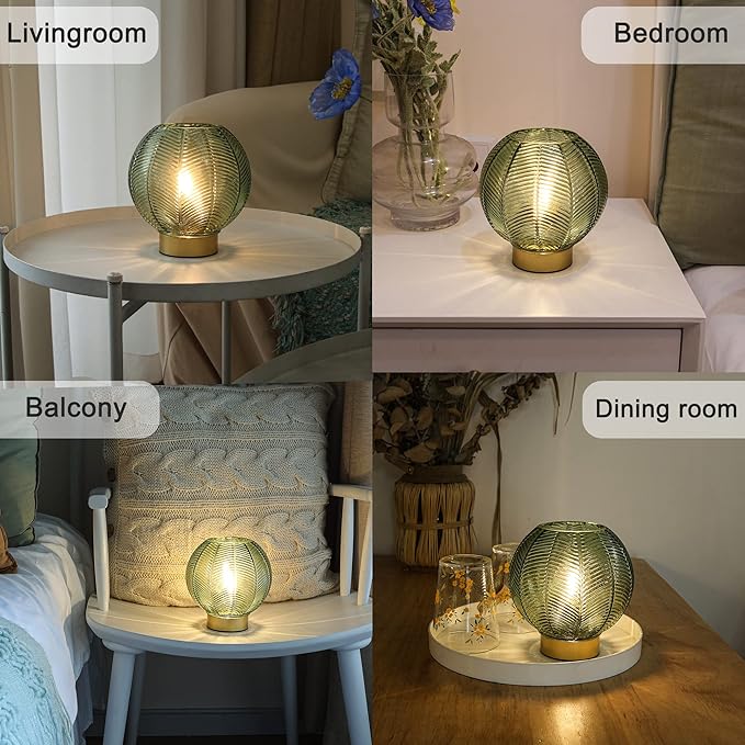 Battery Powered Lamp with Timer, Cordless Battery Operated Table Lamp with LED Bulb, Decorative Small Lamp Glass for Nightstand Bedside Bedroom Living Room-Green - LeafyLoom