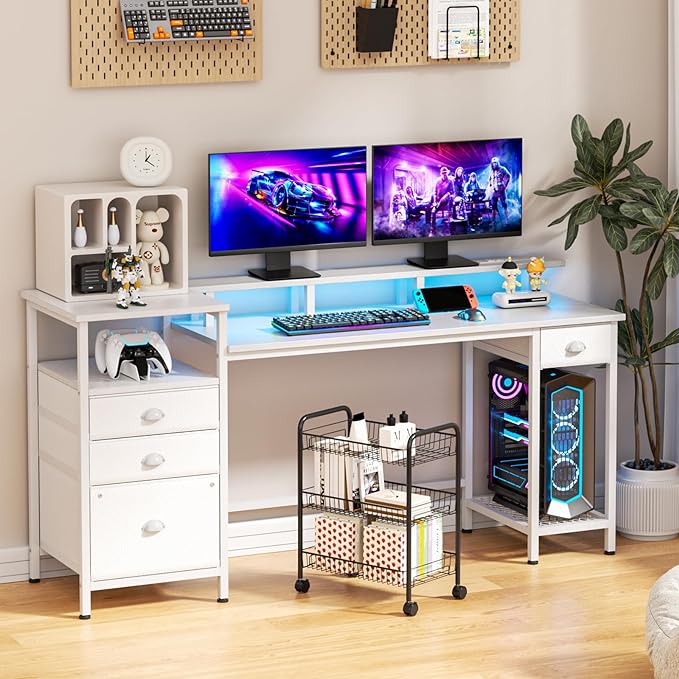 Furologee White Computer Desk with Drawers, 60" Office Long Desk with Fabric File Cabinet and Power Outlets, Gaming Desk with LED Lights, Study Writing Work Desk for Home Office, White - LeafyLoom