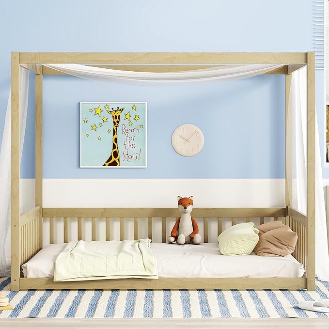 Full Size Canopy Bed Frame with Guardrails for Kids,Floor Bed Full with Four Poster Design,Kids Montessori Floor Bed,Wood Canopy Bed Frame for Girls,Boys(Full,Natural) - LeafyLoom