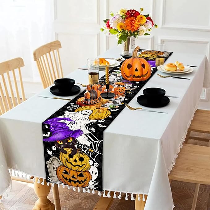 Halloween Table Runner 108 Inches Long Pumpkin Black Cat Halloween Table Runners Happy Halloween Boo Ghost Theme Decor for Kitchen Dining Table Home Party Decorations Unibyby