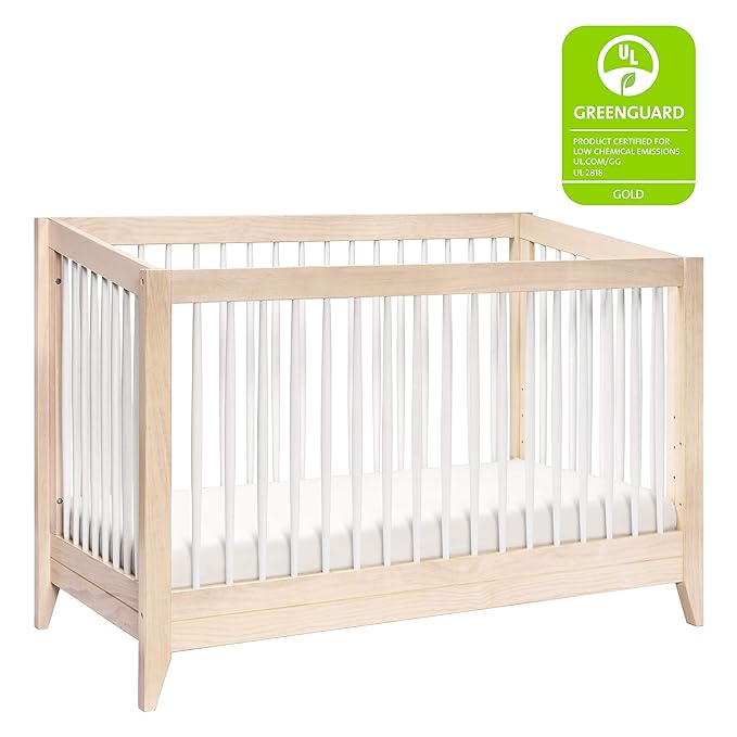 Babyletto Sprout 4-in-1 Convertible Crib with Toddler Bed Conversion Kit in Washed Natural and White, Greenguard Gold Certified - LeafyLoom