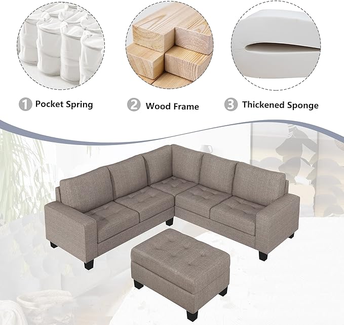 Ottoman&Cup Living Room Furniture Sets,Sectional Corner Sofa L-shape Couch Saving with Storage Ottoman & Cup Holders Design for Large Space Dorm Apartment, Brown F - LeafyLoom