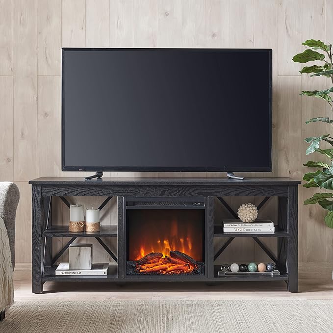 Henn&Hart Rectangular TV Stand with Log Fireplace for TV's up to 65" in Black, TV Stands for the Living Room - LeafyLoom