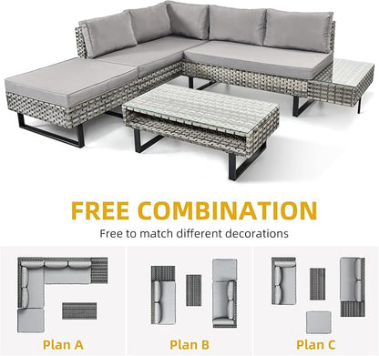 DWVO Patio Furniture Set, Sectional L-Shaped Sofa, for Patio Backyard Poolside Porch, Wicker Conversation Set with Coffee Table & Cushions, Detachable Lounger, All-Weather Rattan, Grey - LeafyLoom