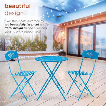 Alpine Corporation Indoor/Outdoor 3-Piece Bistro Set Folding Table and Chairs Patio Seating, Blue - LeafyLoom