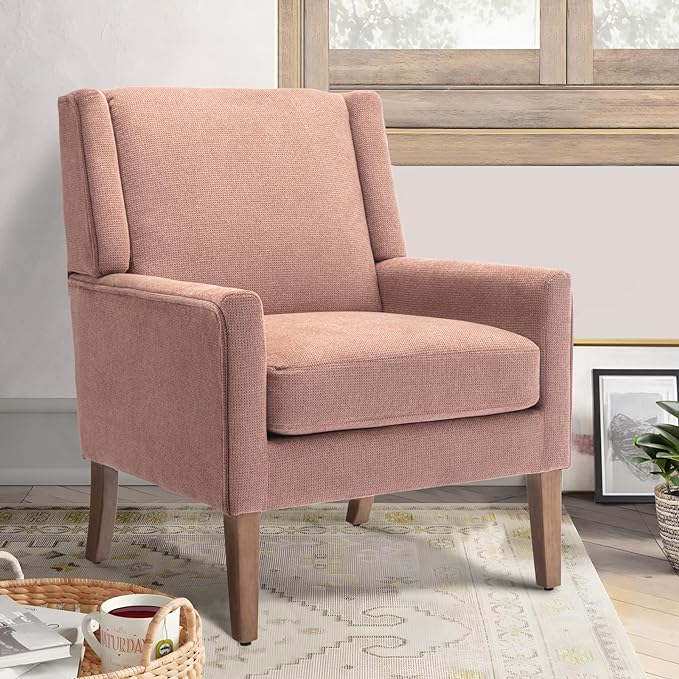 COLAMY Modern Wingback Living Room Chair, Upholstered Fabric Accent Armchair, Single Sofa chair with Lounge Seat and Wood Legs for Bedroom/Office/Reading Spaces, Pink - LeafyLoom