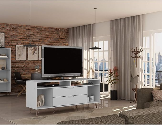 Manhattan Comfort Rockefeller Modern 2 Drawers Living Room Television Stand with Metal Legs, 62.99", White - LeafyLoom