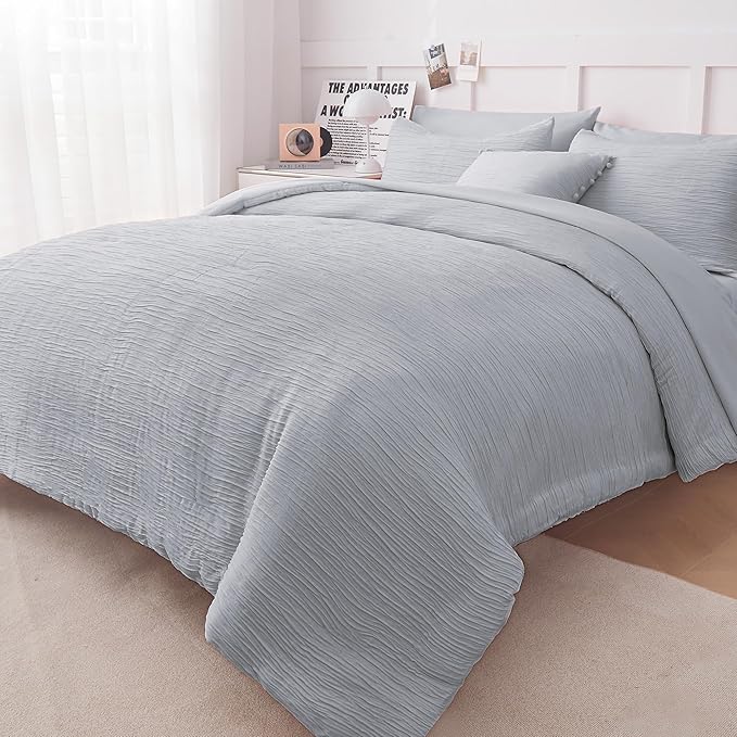 8 Piece Woven Texture Grey Comforter Queen Size, Bed in A Bag Bedding Sets Queen with Comforter and Sheets, Soft Lightweight Comforter Set with Deocor Throw Pillow, Grey - LeafyLoom