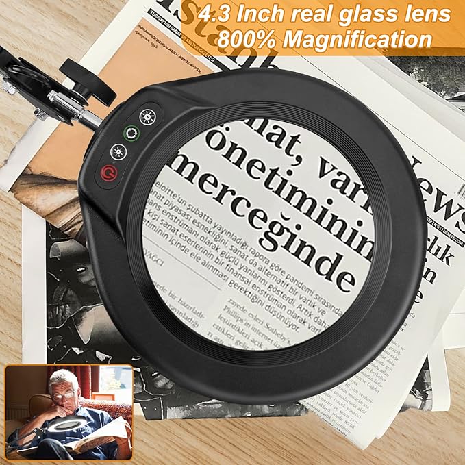 8X Large Magnifying Glass with Light and Stand, KRSTLV 2 x 16 Inch Swivel Arm LED Desk Lamp with Clamp, 5 Color Modes Stepless Dimmable Lighted Magnifier Hands Free for Close Work, Craft, Hobby, Black - LeafyLoom