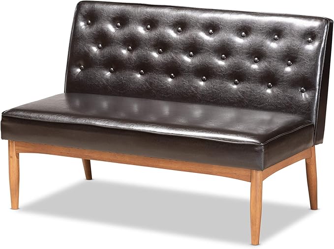 Baxton Studio Riordan Mid-Century Modern Dark Brown Faux Leather Upholstered and Walnut Brown Finished Wood 2-Piece Dining Nook Banquette Set - LeafyLoom