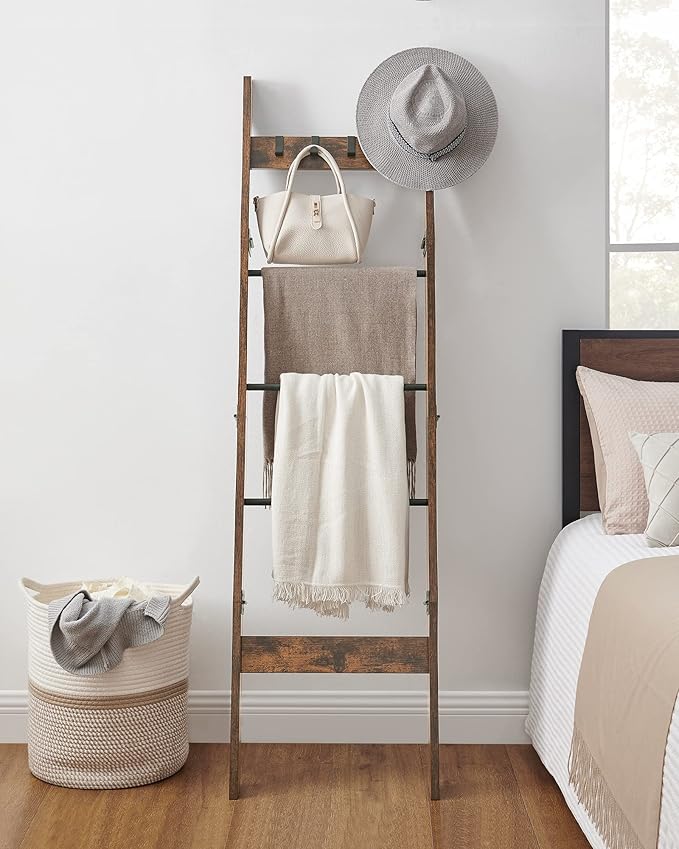 Blanket Ladder Shelf for Living Room, Decorative Wood Quilt Rack with 4 Removable Hooks, 5-Tier Farmhouse Ladder Holder Organizer for Bedroom, Rustic Brown 02101BBR - LeafyLoom