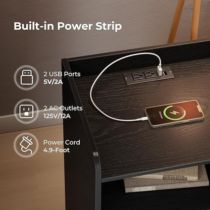 SUPERJARE File Cabinet with Charging Station and LED Light Strips, Drawers, End Table with USB Ports and Outlets, Black - LeafyLoom