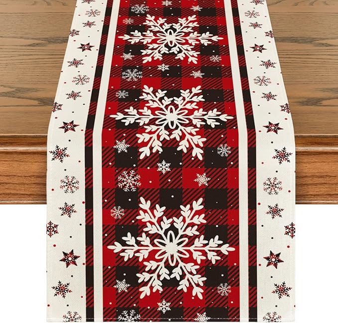 Artoid Mode Buffalo Plaid Snowflakes Christmas Table Runner, Seasonal Winter Kitchen Dining Table Decoration for Home Party Decor 13x36 Inch ArtoidMode